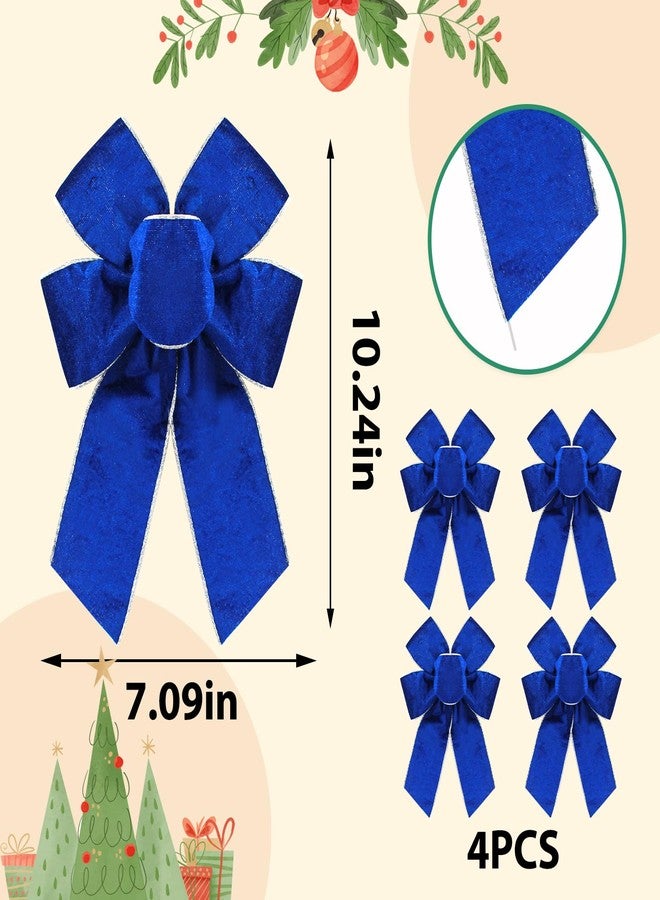 Ftuuo 4pcs Christmas Wreath Bows, Blue Velvet Bow for Wreath Sliver Edged Xmas Crafts Decorative Ornament Bow for Indoor Outdoor Christmas Wedding Holiday Party Decorations - Image 2